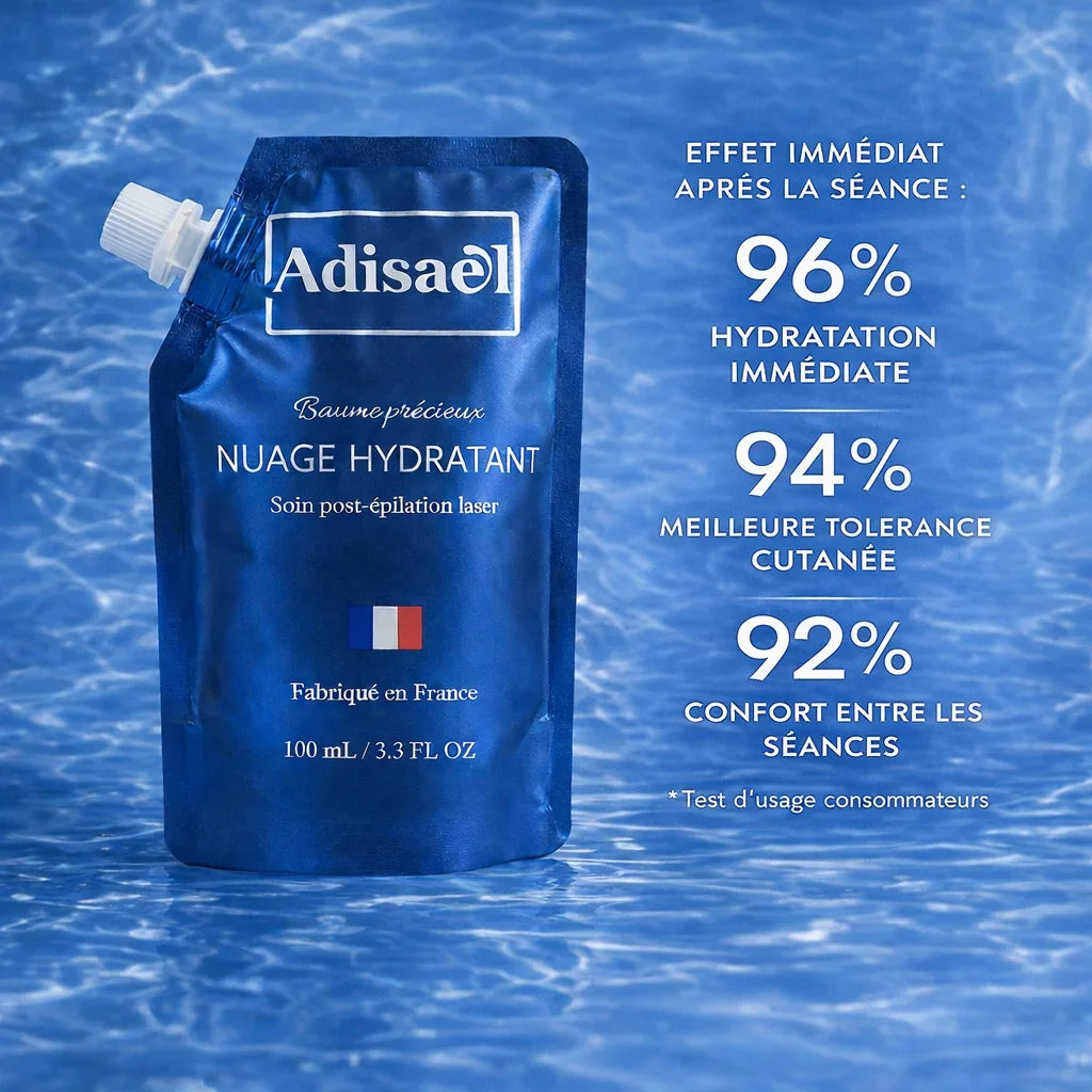 Baume hydratant nuage pour soin post-épilation laser sur fond bleu aqua, affiche hydratation immédiate et tolérance cutanée.