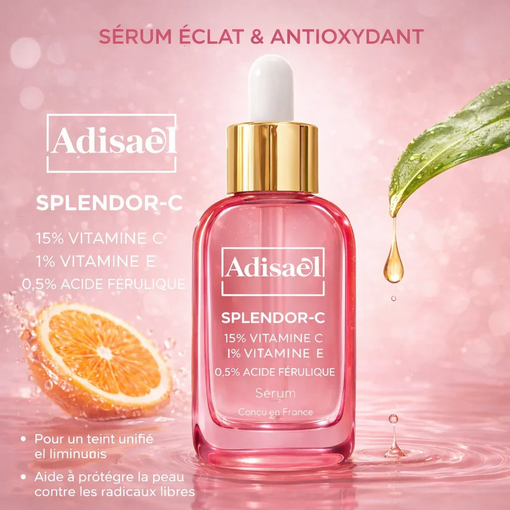 Sérum Splendor-C éclat, flacon rose avec pipette, orange et feuille, soin visage vitamine C