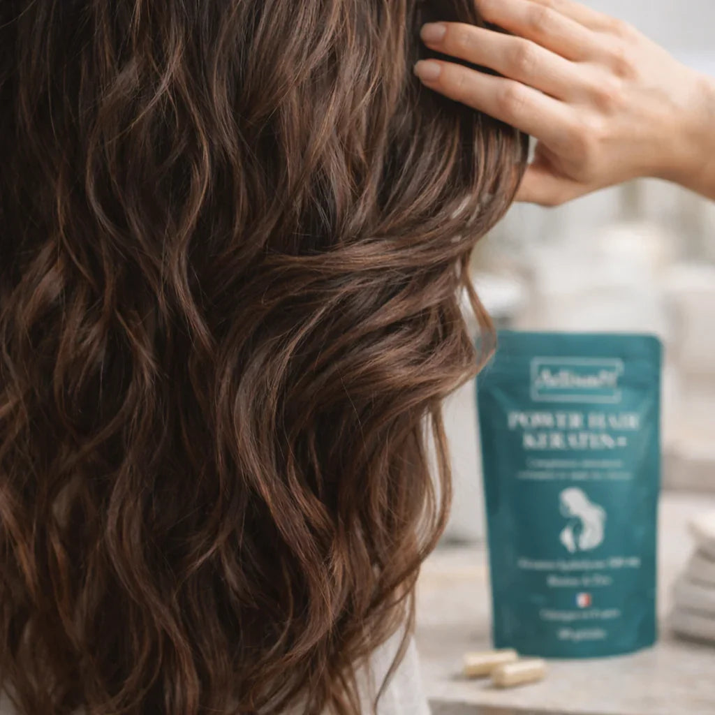 Cheveux longs et ondulés au naturel, main touchant la chevelure, sachet de kératine capillaire en arrière-plan