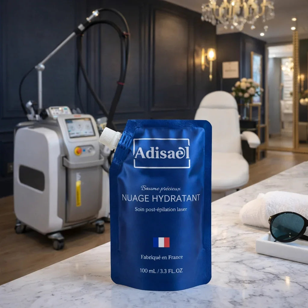 Soin nuage hydratant post-épilation laser posé sur table de spa esthétique avec machine laser