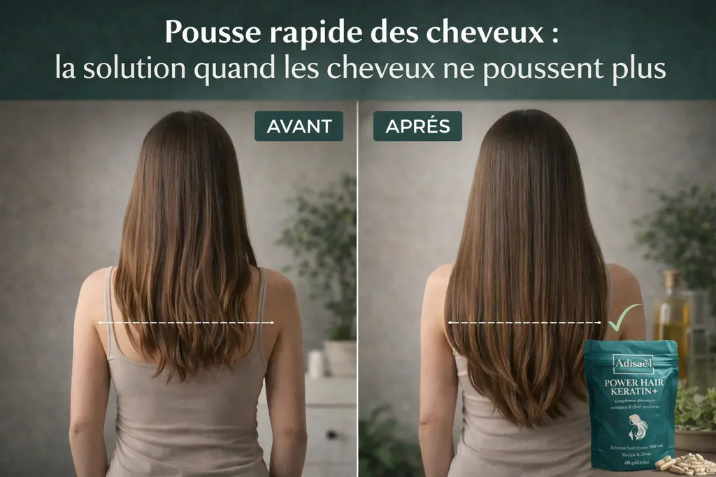 Comparatif avant-après de la pousse rapide des cheveux, femme de dos, cheveux longs et lisses, complément cheveux Power Hair Keratin.