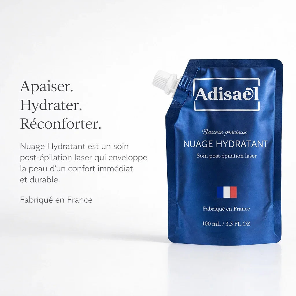 Soin hydratant post-épilation laser, sachet bleu de 100 ml, fabriqué en France.