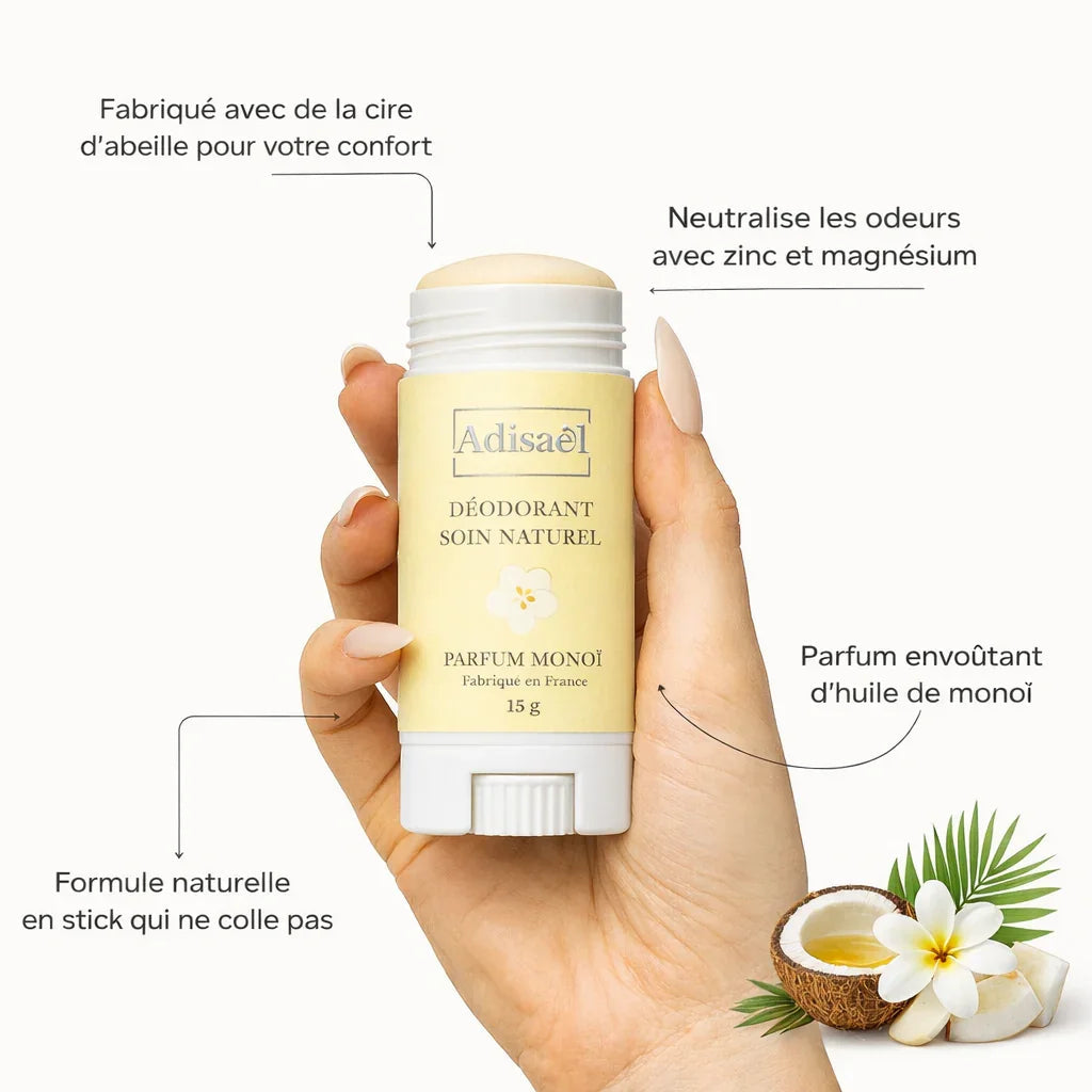 Déodorant naturel stick parfum monoï tenu à la main, ingrédients naturels, image noix de coco