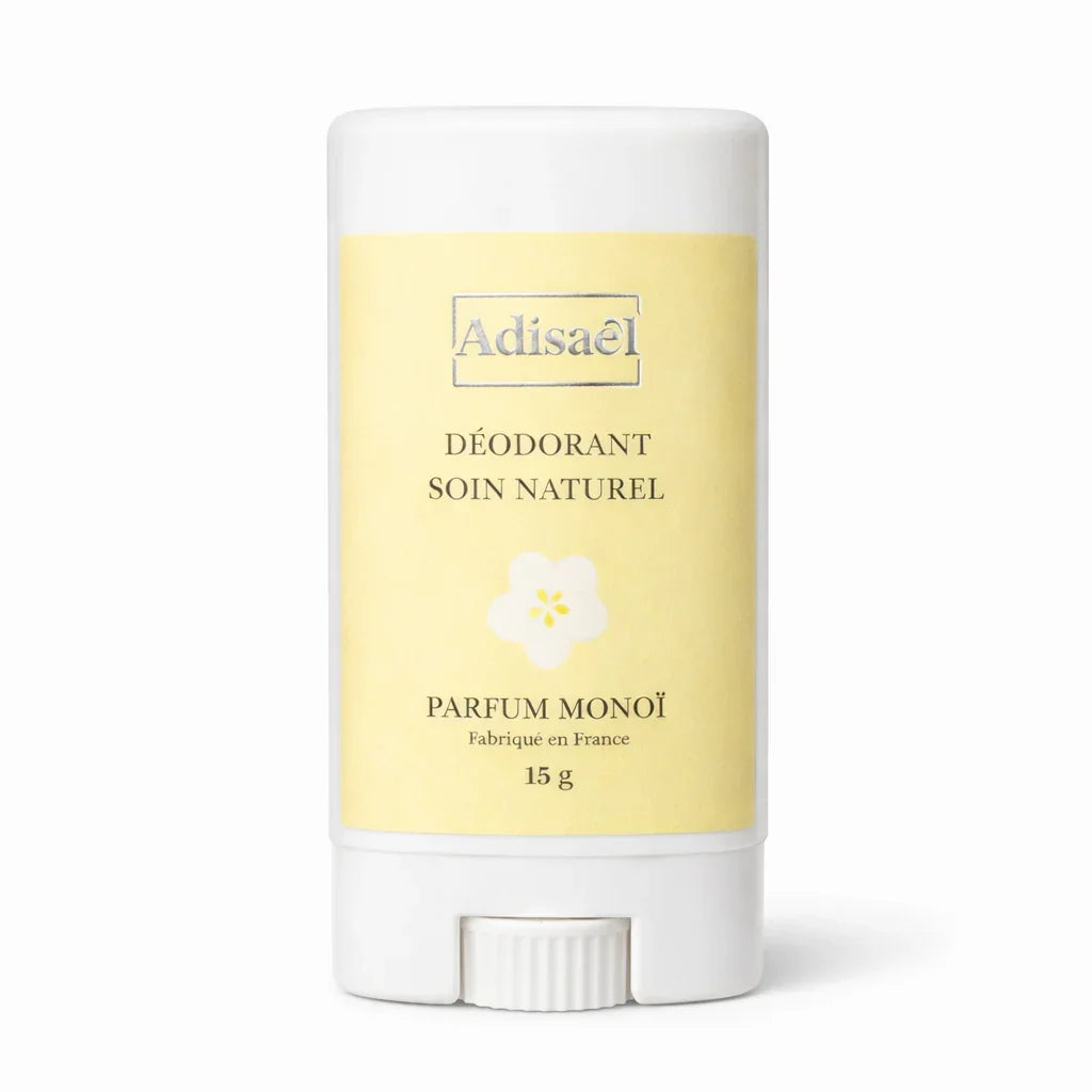 Déodorant naturel parfum monoï stick blanc, étiquette jaune, 15g, fabriqué en France