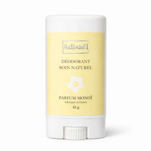 Déodorant naturel parfum monoï stick blanc, étiquette jaune, 15g, fabriqué en France