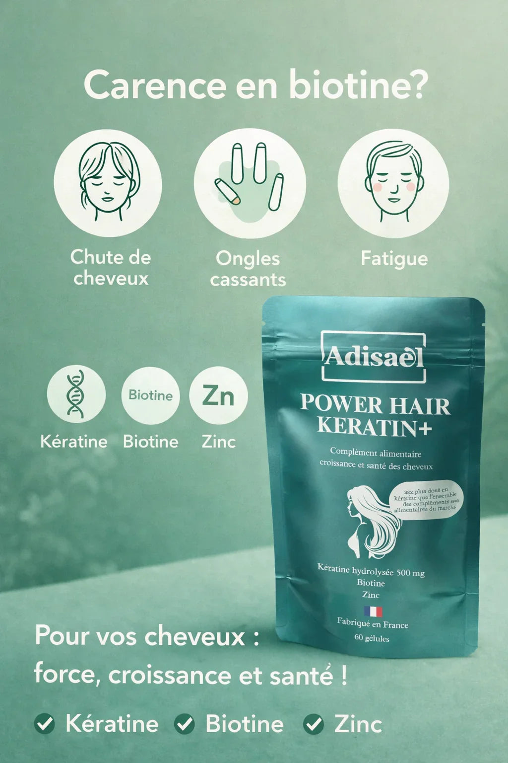 Sachet Power Hair Keratin+ pour cheveux, biotine, kératine et zinc, aide chute de cheveux.