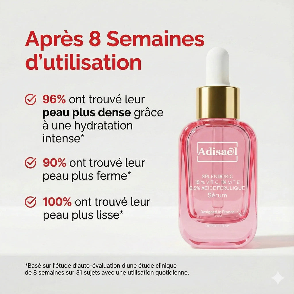 Sérum éclat visage flacon rose avec pipette, résultats visibles après 8 semaines d’utilisation.