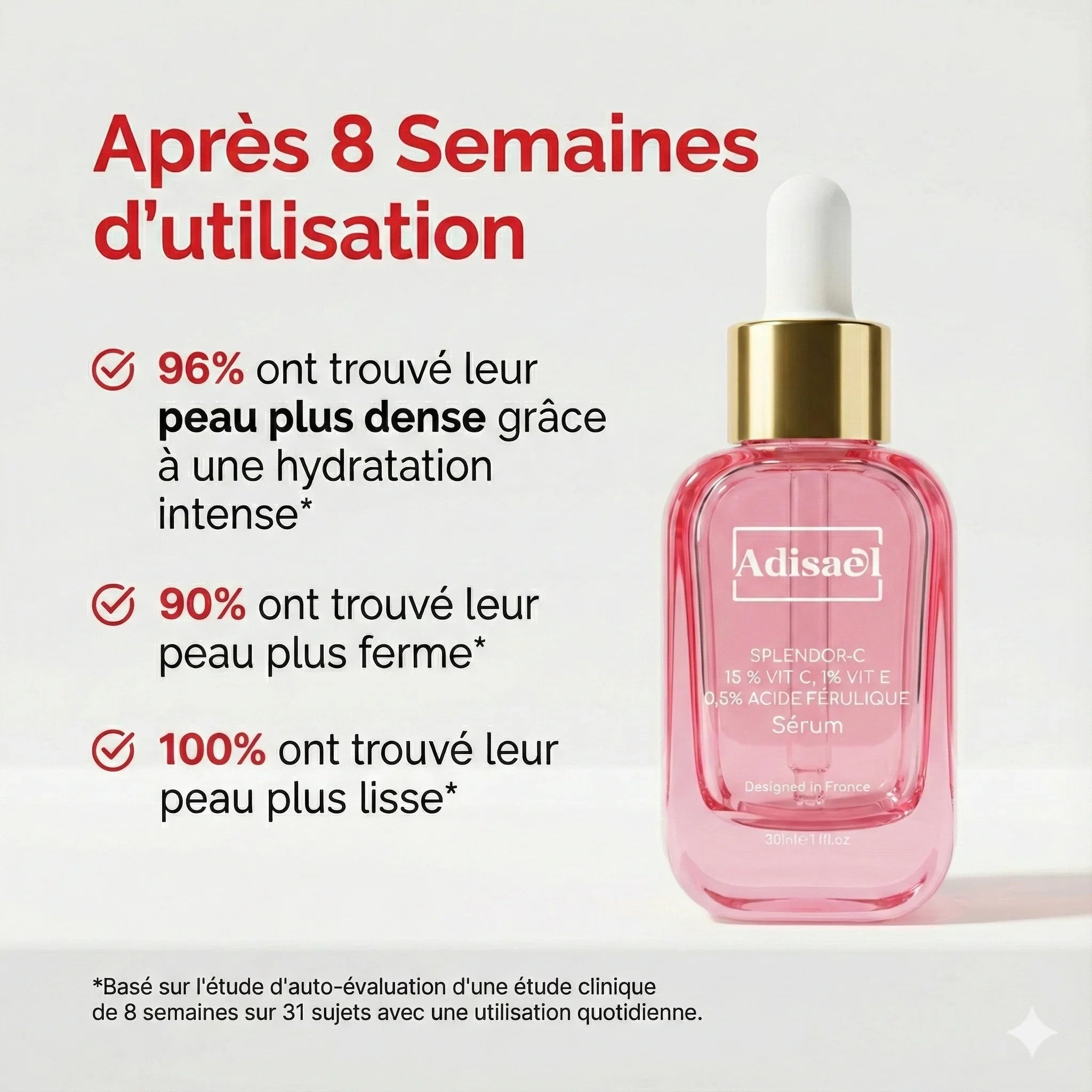 Sérum éclat visage flacon rose avec pipette, résultats visibles après 8 semaines d’utilisation.