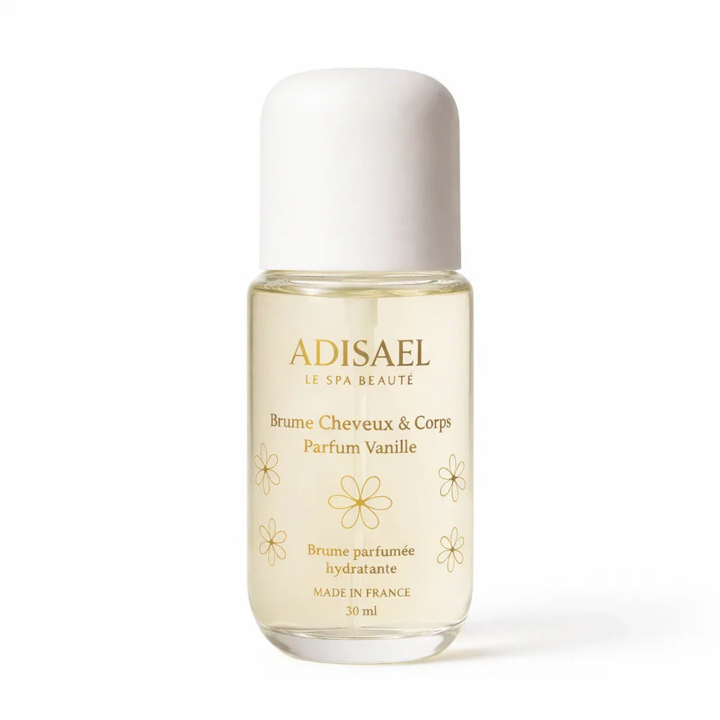 Flacon de brume cheveux et corps parfum vanille hydratante, 30 ml, sur fond blanc.