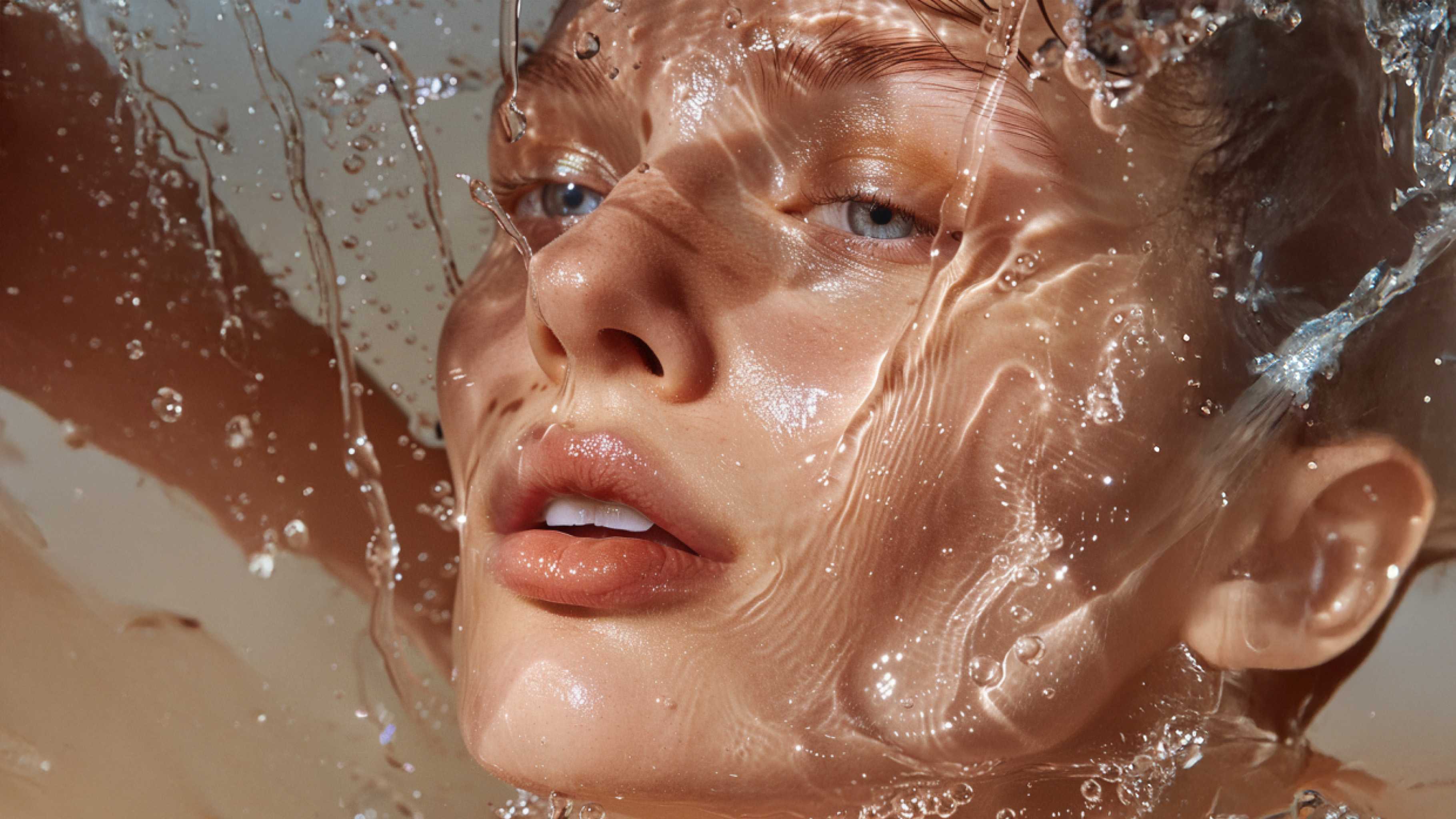 Femme au visage naturel sous l’eau, peau lumineuse, beauté, soin hydratant.
