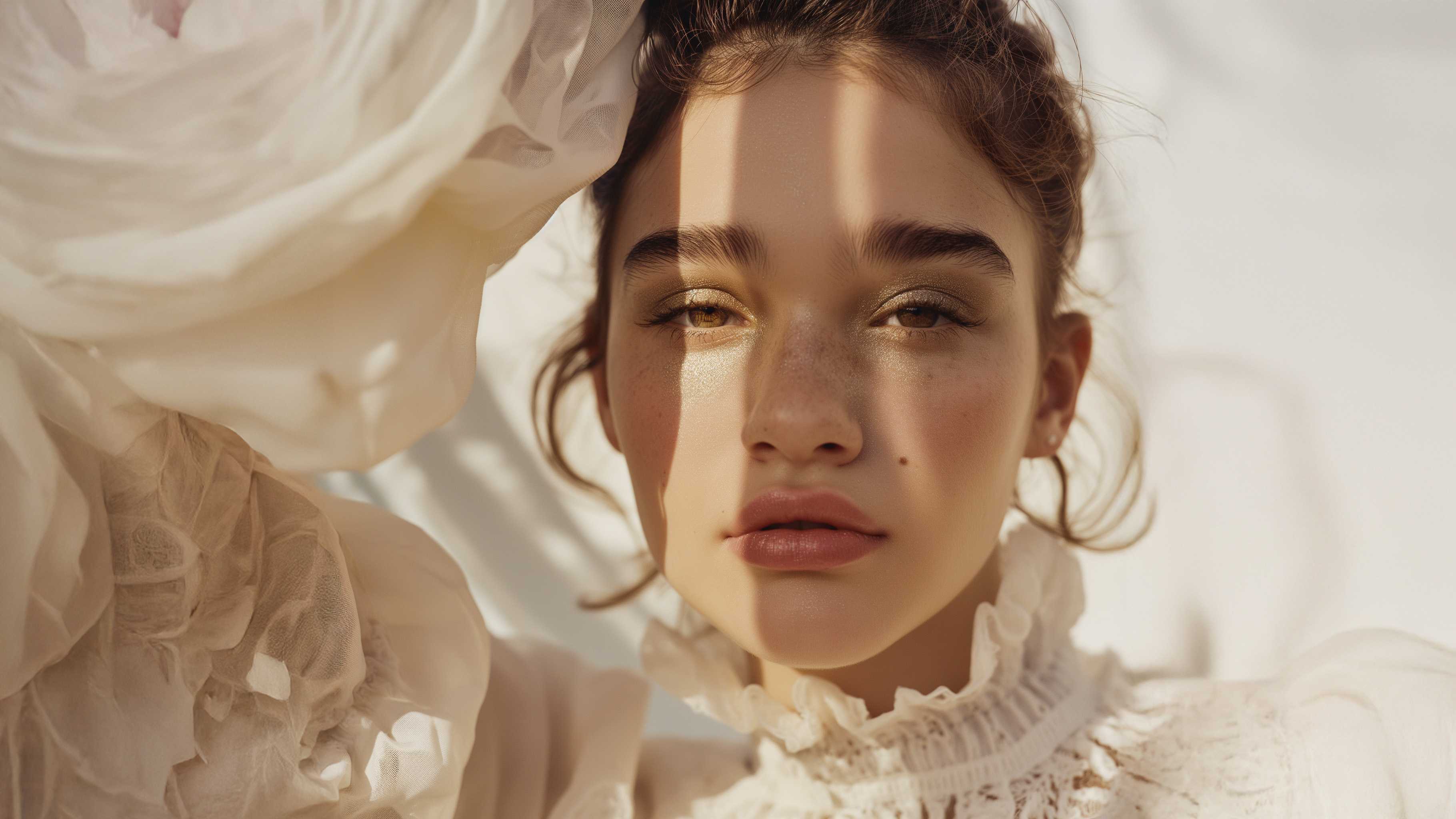 Femme au teint naturel et lumineux, maquillage doux, lumière douce, ambiance spa bien-être