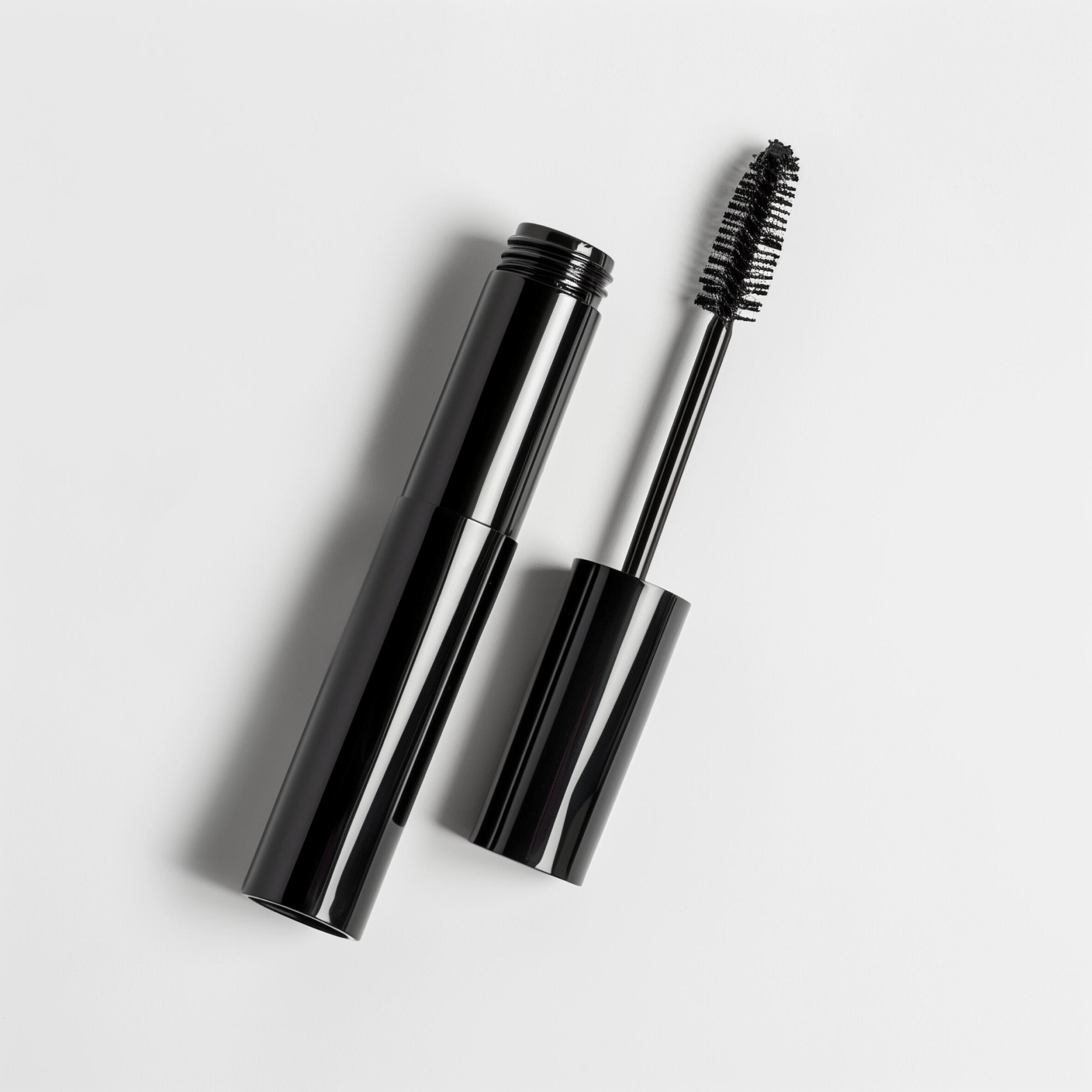 Tube de mascara noir ouvert, brosse maquillage sur fond blanc, cosmétique beauté