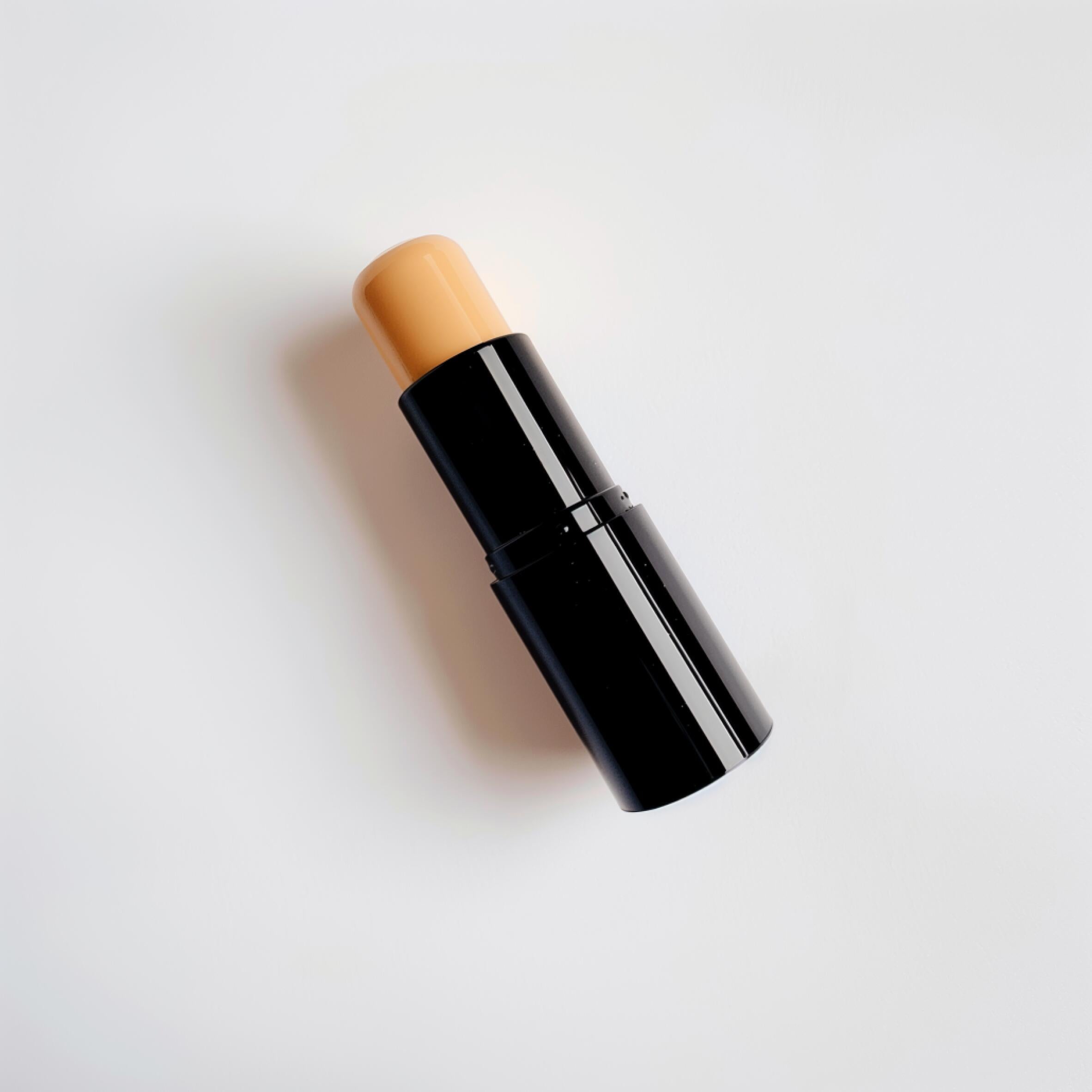 Stick de fond de teint beige sur fond blanc, produit maquillage visage élégant