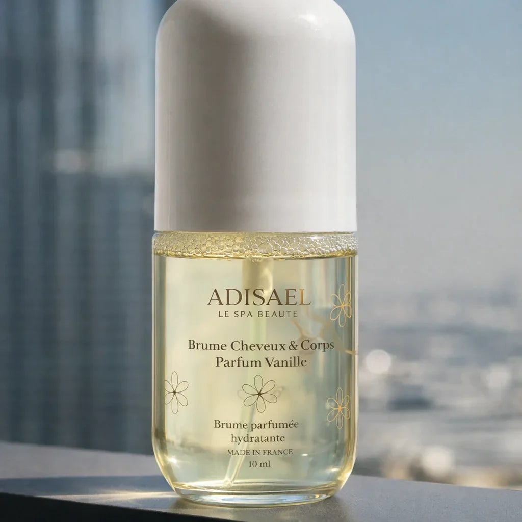 Flacon de brume parfumée cheveux et corps vanille, hydratante, 10 ml, sur fond urbain