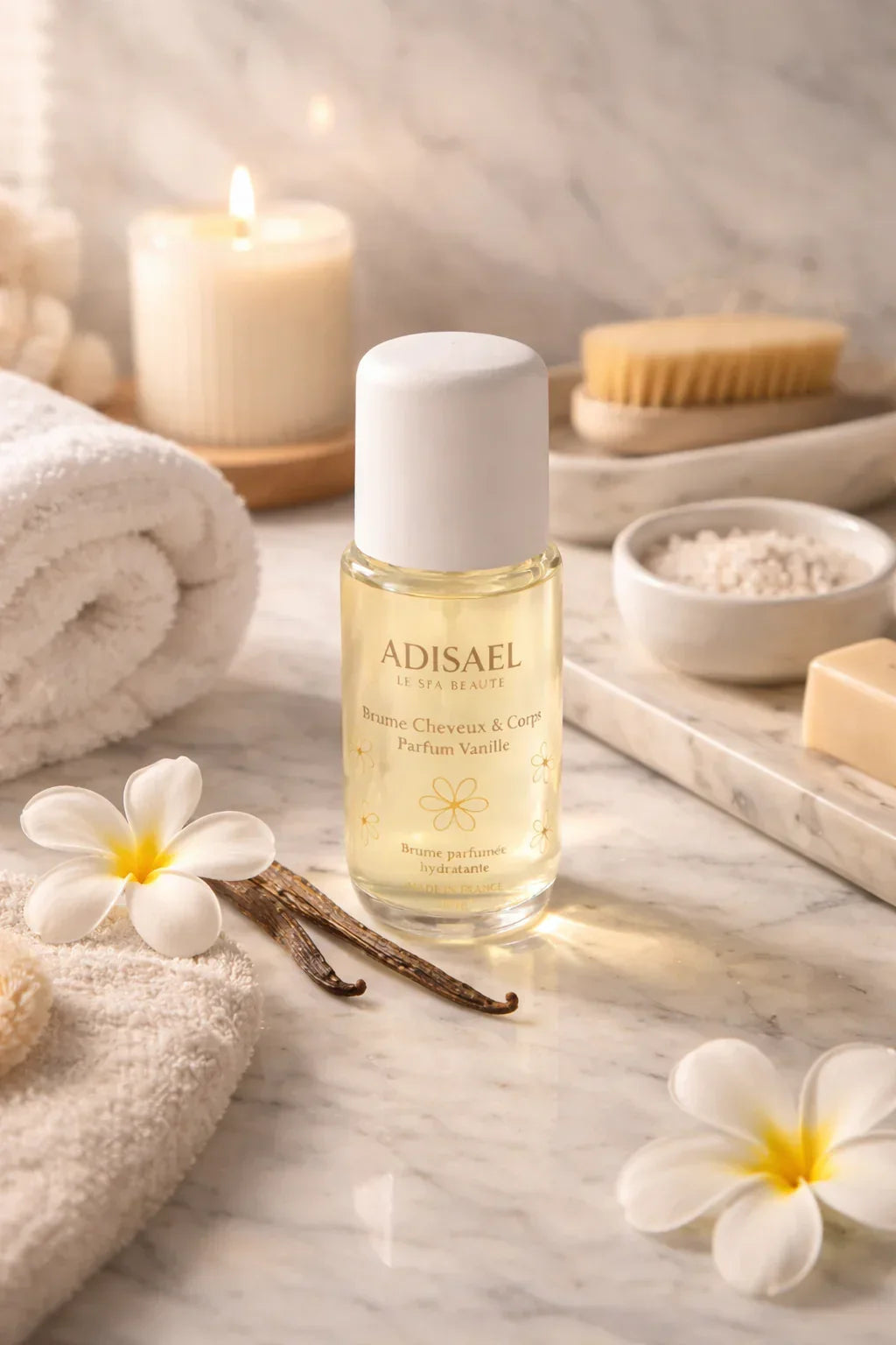 Brume cheveux et corps parfum vanille sur table de spa, fleurs de frangipanier, ambiance détente