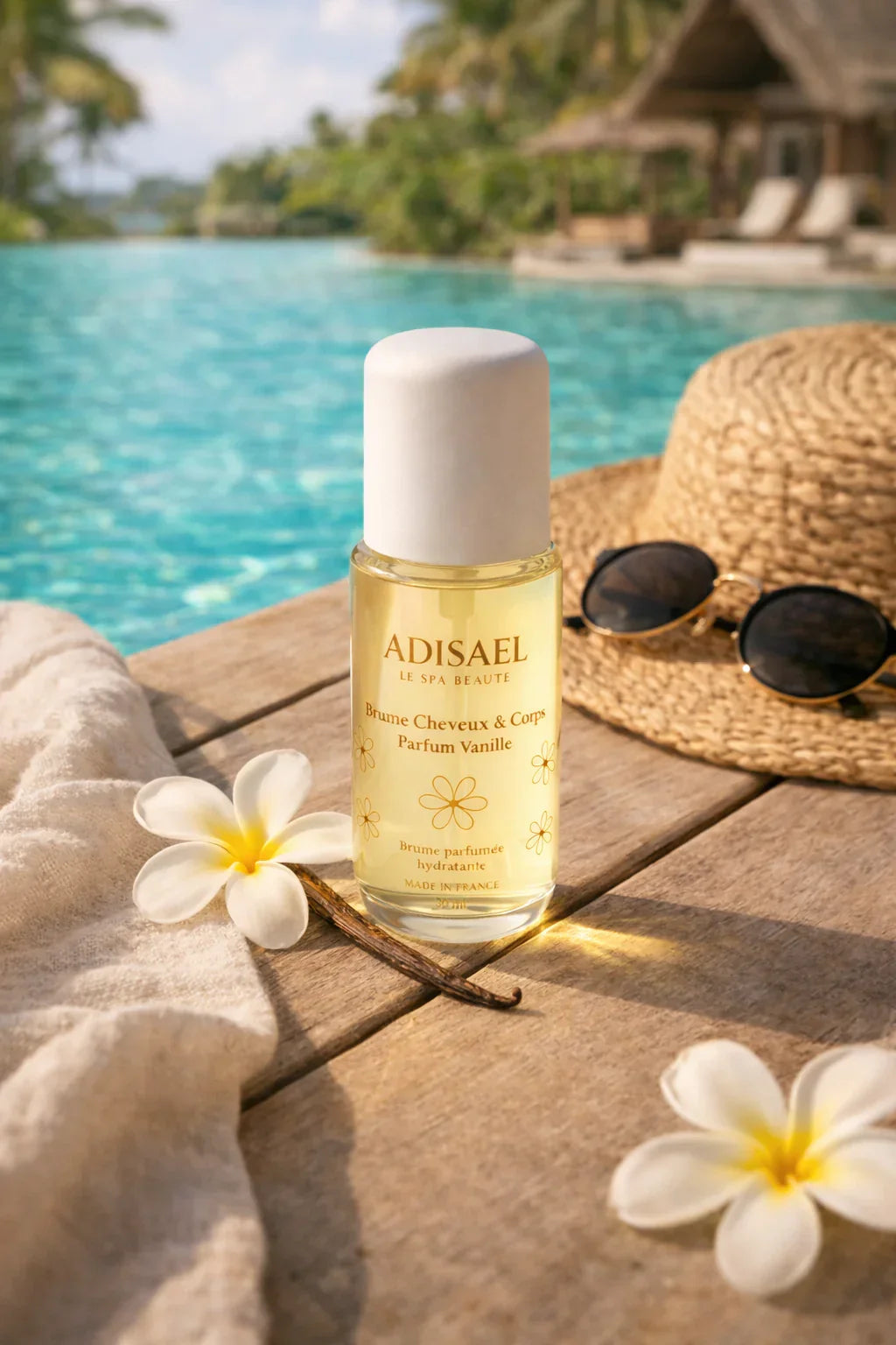 Brume cheveux et corps parfum vanille devant piscine, fleurs de frangipanier, chapeau et lunettes