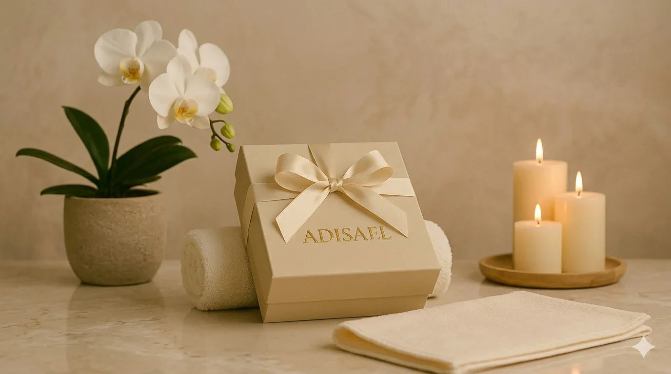 Carte cadeau spa élégante sur table avec orchidée, bougies allumées et serviettes à côté.