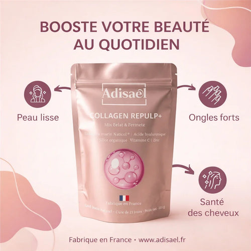 Sachet rose de complément Collagen Repulp+, bénéfices peau lisse, ongles forts, santé cheveux.