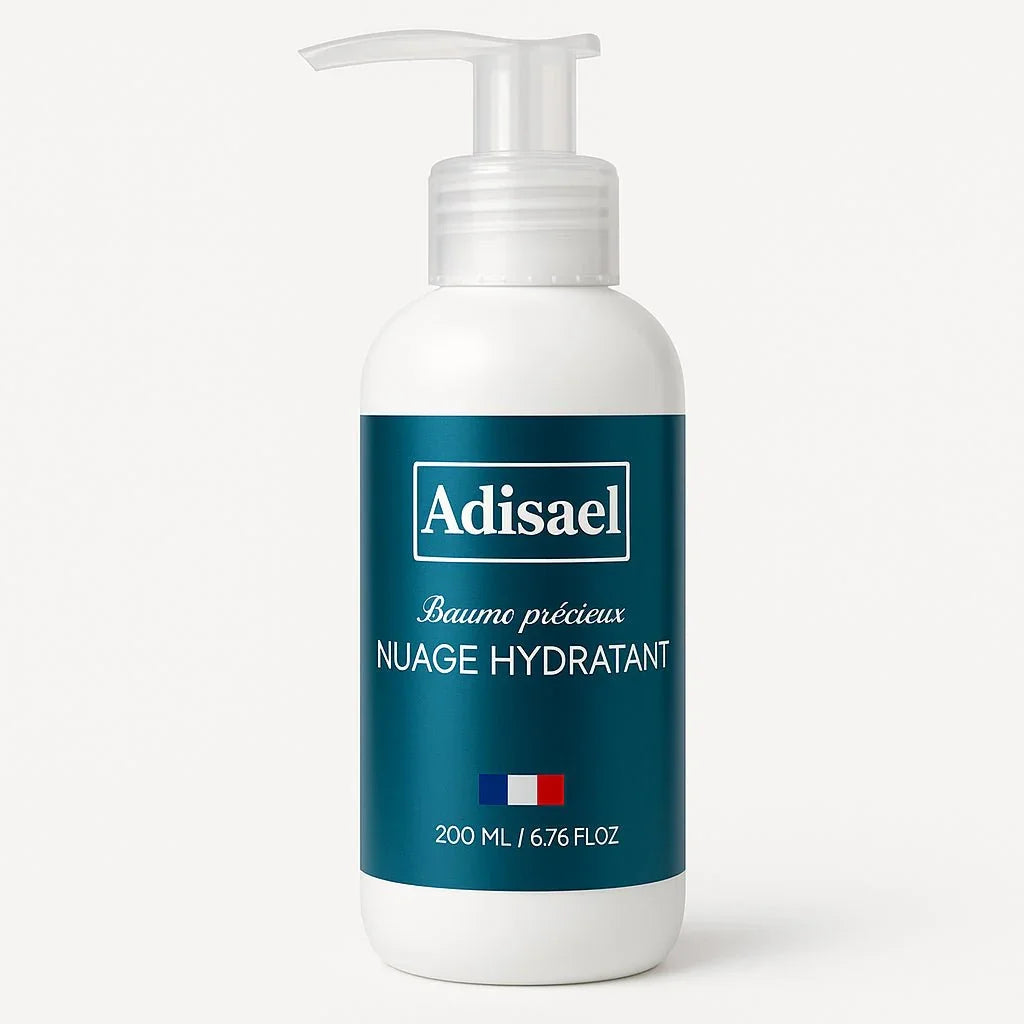 Flacon de baume précieux hydratant pour le corps avec pompe, 200 ml, fond blanc.