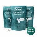 Pack de trois sachets de compléments Power Hair Keratin+ pour croissance et santé des cheveux.