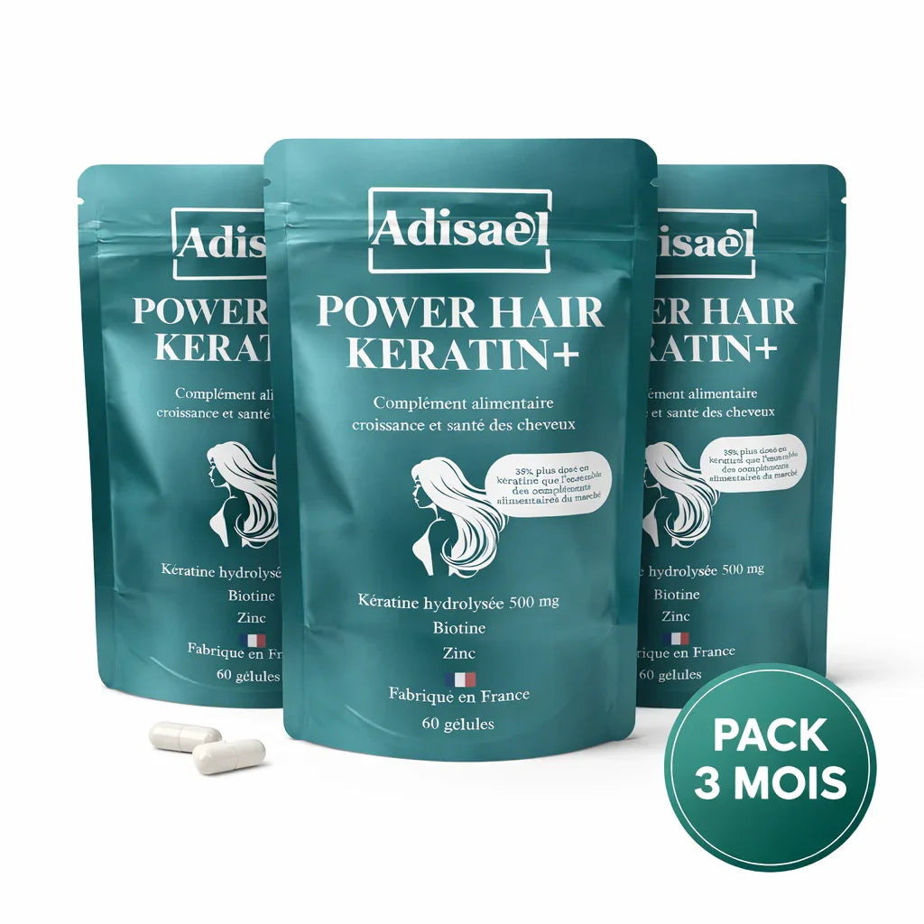 Pack de trois sachets de compléments Power Hair Keratin+ pour croissance et santé des cheveux.