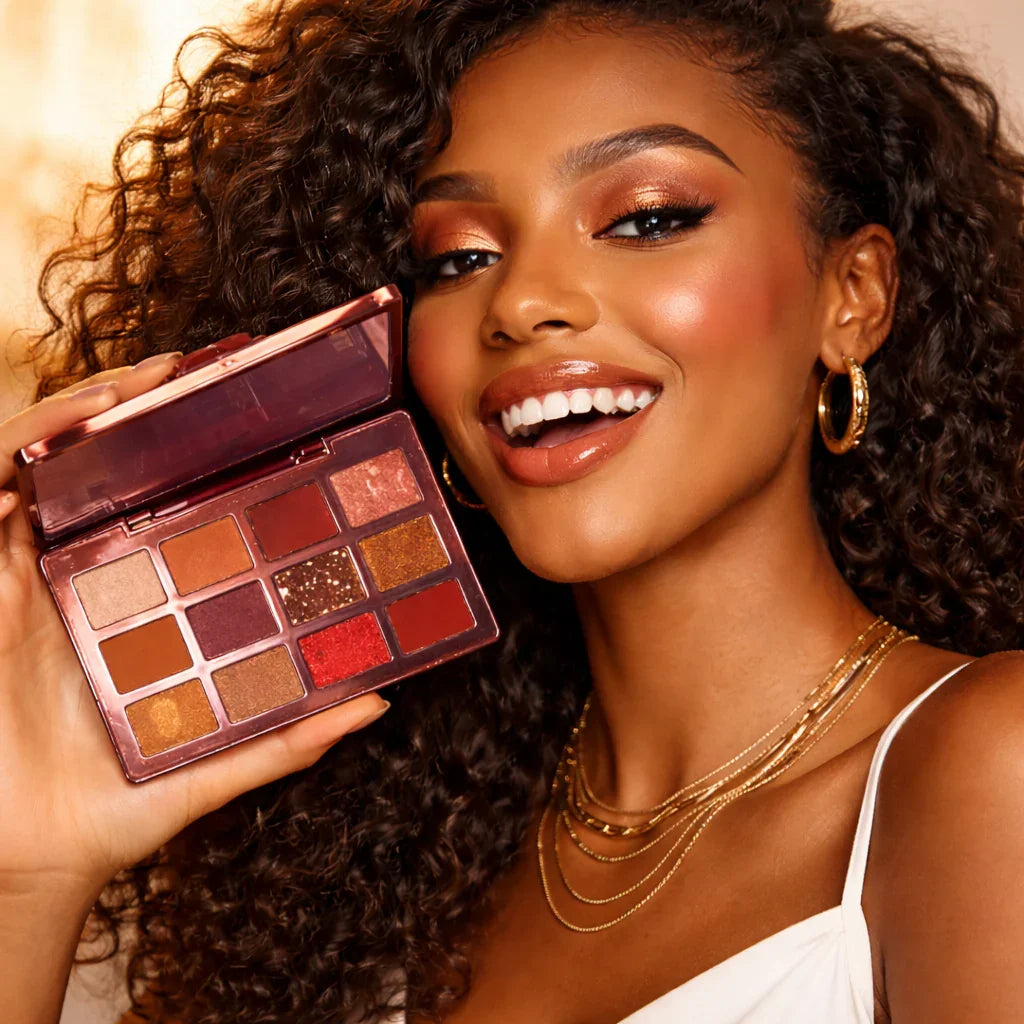 Femme souriante maquillée tenant palette fards à paupières tons chauds et dorés