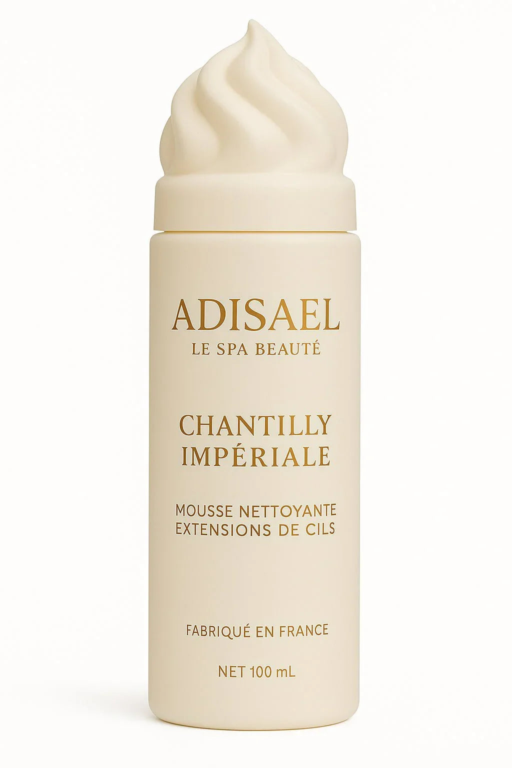 Flacon blanc de mousse nettoyante pour extensions de cils, 100 mL, texte doré, bouchon chantilly.