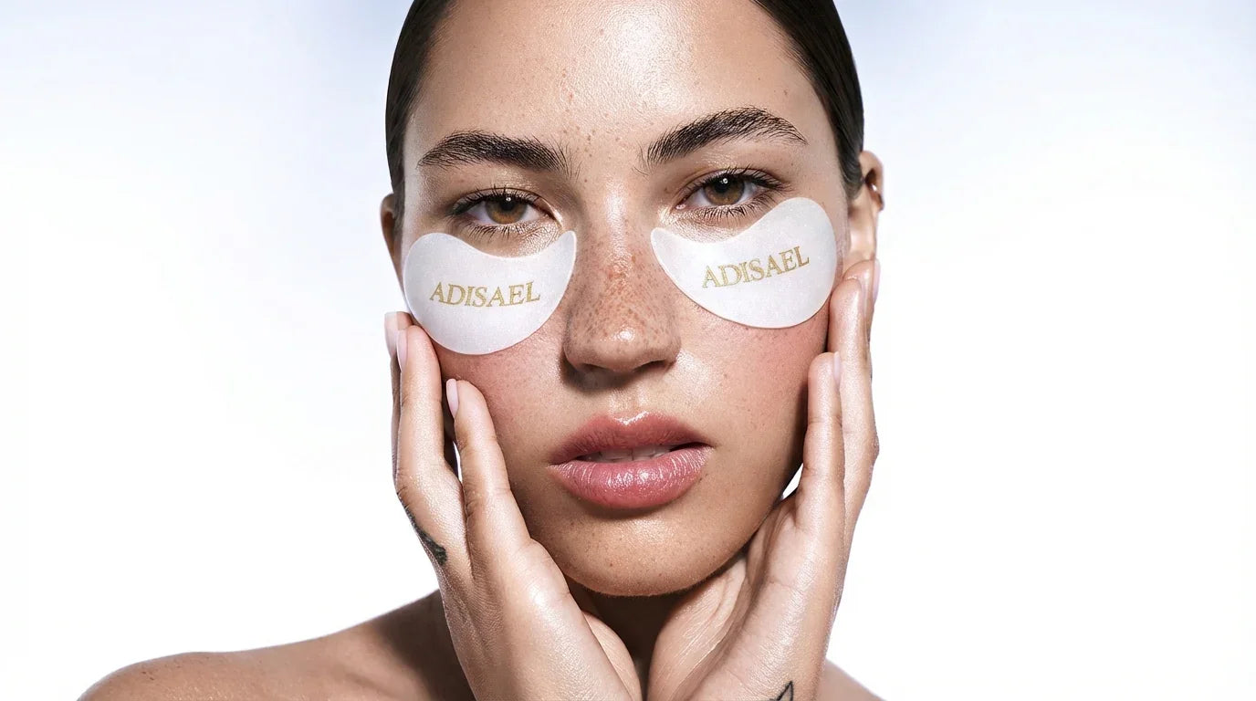 Femme appliquant des patchs hydrogel yeux ADISAEL pour soin visage et regard hydraté