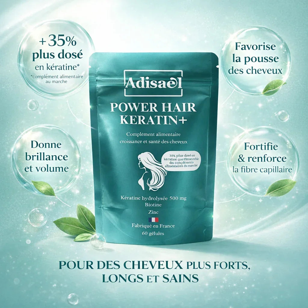 Sachet vert Power Hair Keratin+ pour croissance, volume et santé des cheveux, riche en kératine.
