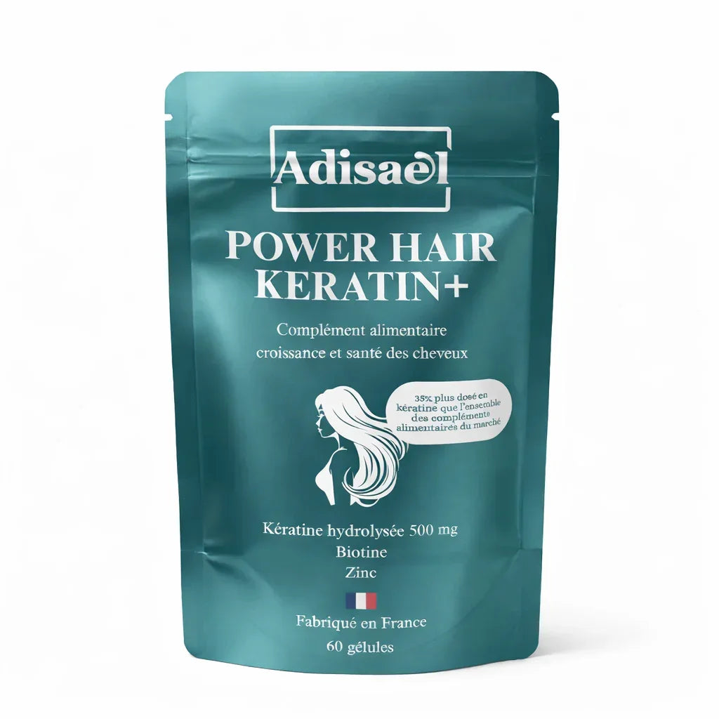 Sachet bleu de complément alimentaire Power Hair Keratin+, croissance cheveux, 60 gélules.
