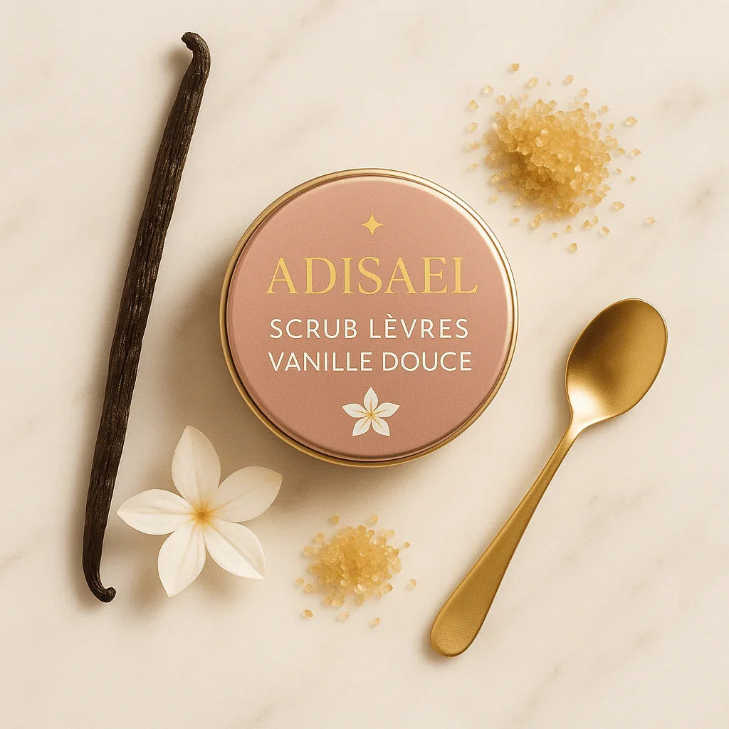 Gommage lèvres vanille douce en pot avec gousse de vanille, fleur, sucre et cuillère dorée sur fond clair.