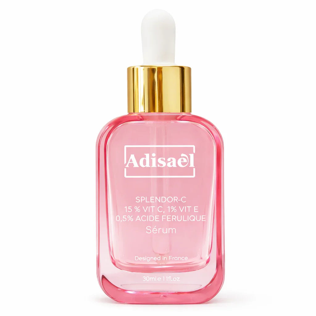 Flacon de sérum visage rose Splendor-C avec vitamine C, vitamine E et acide férulique